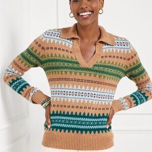 Talbots Sweater Large Johnny Collar Autumn Fair Isle Knit Wool Blend